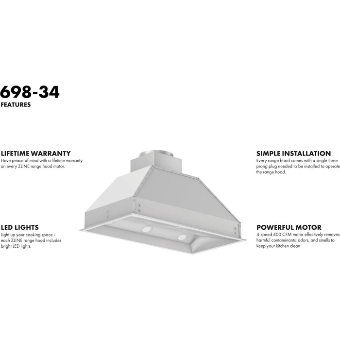 ZLINE 34 in. Width Wall Mount Range Hood Insert (18 in. Depth), 698-34