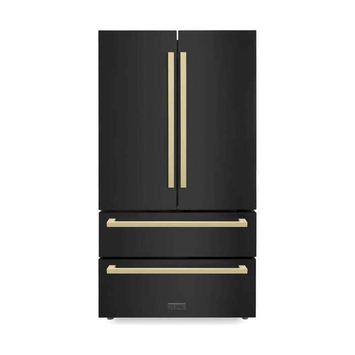 ZLINE 36" Autograph 22.5 cu. ft. Refrigerator with Ice Maker in Black Stainless Steel and Champagne Bronze Square Handles, RFMZ-36-BS-FCB