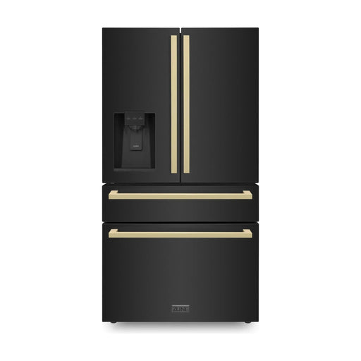 ZLINE 36" Autograph Refrigerator with Water and Ice Dispenser in Black with Champagne Bronze Square Handles, RFMZ-W36-BS-FCB