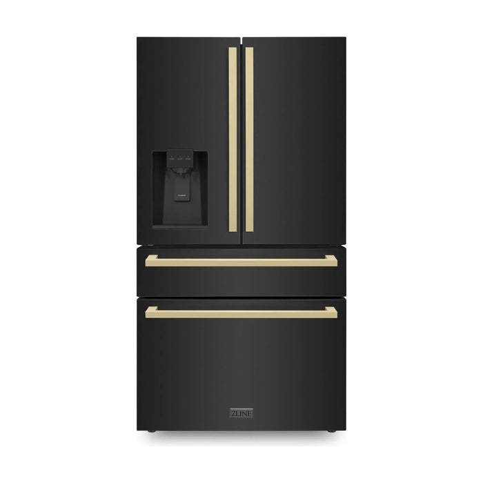 ZLINE 36" Autograph Refrigerator with Water and Ice Dispenser in Black with Champagne Bronze Square Handles, RFMZ-W36-BS-FCB