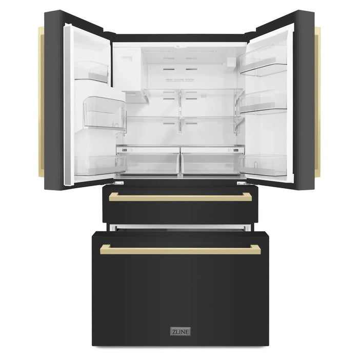 ZLINE 36" Autograph Refrigerator with Water and Ice Dispenser in Black with Champagne Bronze Square Handles, RFMZ-W36-BS-FCB