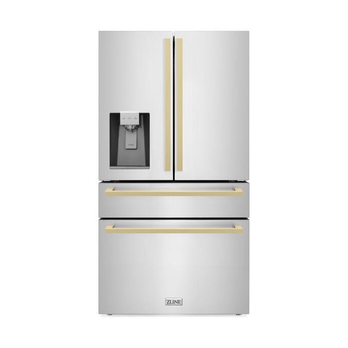 ZLINE 36" Autograph Refrigerator with Water and Ice Dispenser in Fingerprint Resistant Stainless Steel with Champagne Bronze Square Handles, RFMZ-W-36-FCB