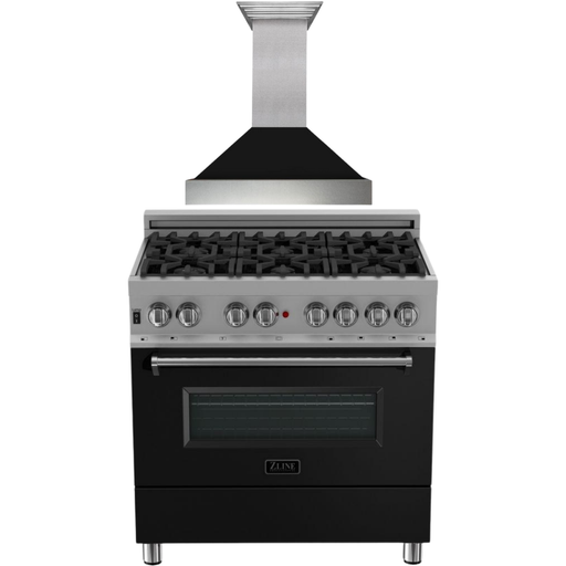 ZLINE 36" Dual Fuel Range In DuraSnow with Black Matte Door & 36" Range Hood Appliance Package 2KP-RASBLMRH36