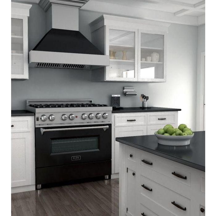 ZLINE 36" Dual Fuel Range In DuraSnow with Black Matte Door & 36" Range Hood Appliance Package 2KP-RASBLMRH36