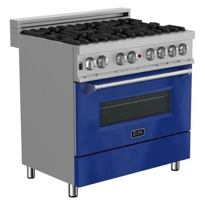 ZLINE 36" Dual Fuel Range In DuraSnow with Blue Gloss Door & 36" Range Hood Appliance Package 2KP-RASBGRH36