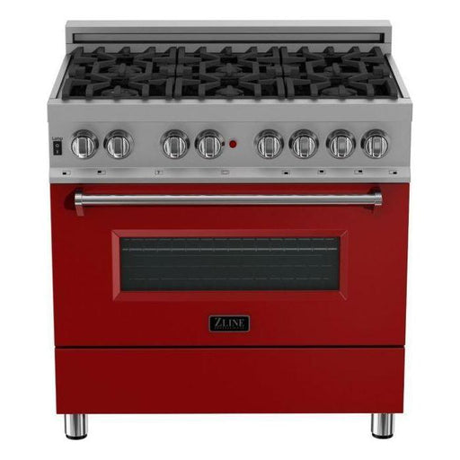 ZLINE 36" Dual Fuel Range In DuraSnow with Red Matte Door & 36" Range Hood Appliance Package 2KP-RASRMRH36