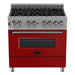 ZLINE 36" Dual Fuel Range In DuraSnow with Red Matte Door & 36" Range Hood Appliance Package 2KP-RASRMRH36