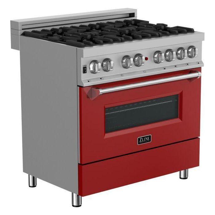 ZLINE 36" Dual Fuel Range In DuraSnow with Red Matte Door & 36" Range Hood Appliance Package 2KP-RASRMRH36