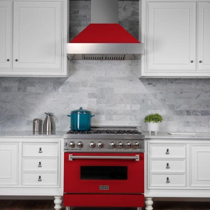 ZLINE 36" Dual Fuel Range In DuraSnow with Red Matte Door & 36" Range Hood Appliance Package 2KP-RASRMRH36