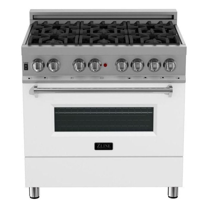 ZLINE 36" Dual Fuel Range In DuraSnow with White Matte Door & 36" Range Hood Appliance Package 2KP-RASWMRH36