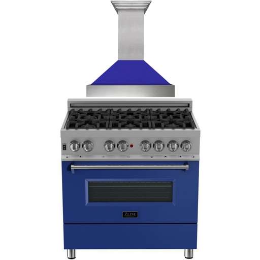 ZLINE 36" Dual Fuel Range with Blue Matte Door & 36" Range Hood Appliance Package 2KP-RASBMRH36