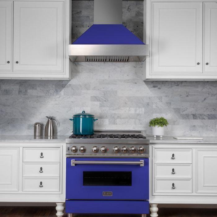 ZLINE 36" Dual Fuel Range with Blue Matte Door & 36" Range Hood Appliance Package 2KP-RASBMRH36