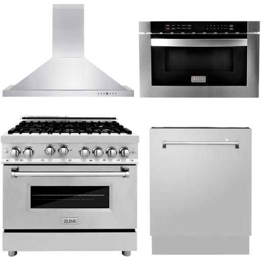 ZLINE 36 Gas Range, 36 Range Hood, Microwave Drawer and 3 Rack Dishwasher Appliance Package