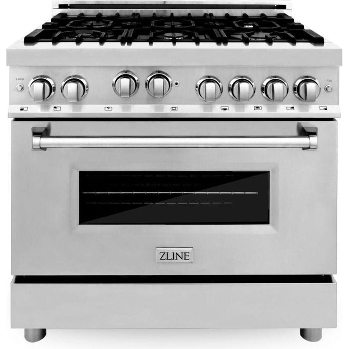 ZLINE 36 Gas Range, 36 Range Hood, Microwave Drawer and 3 Rack Dishwasher Appliance Package