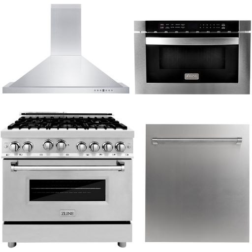 ZLINE 36 Gas Range, 36 Range Hood, Microwave Drawer and Dishwasher Appliance Package