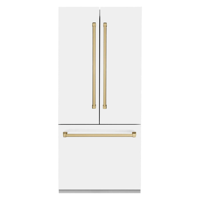 ZLINE 36 In. 19.6 cu. ft. Built-In French Door Refrigerator with Internal Water and Ice Dispenser in White Matte with Bronze Accents, RBIVZ-WM-36-CB