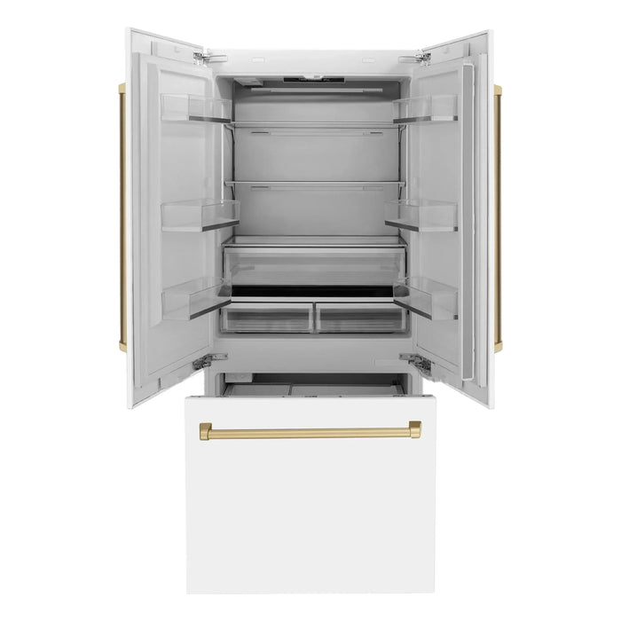 ZLINE 36 In. 19.6 cu. ft. Built-In French Door Refrigerator with Internal Water and Ice Dispenser in White Matte with Bronze Accents, RBIVZ-WM-36-CB