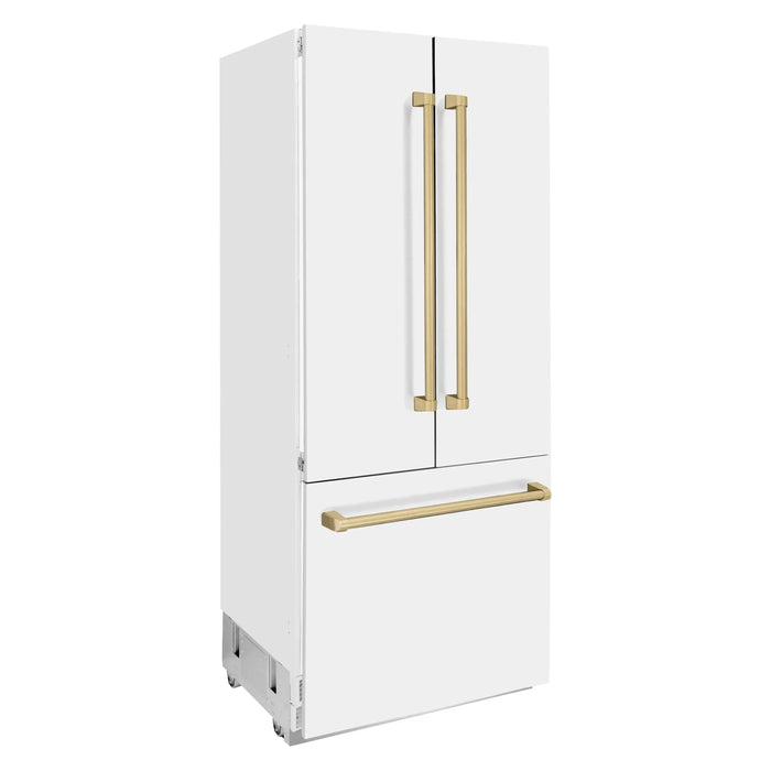 ZLINE 36 In. 19.6 cu. ft. Built-In French Door Refrigerator with Internal Water and Ice Dispenser in White Matte with Bronze Accents, RBIVZ-WM-36-CB