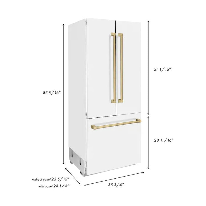 ZLINE 36 In. 19.6 cu. ft. Built-In French Door Refrigerator with Internal Water and Ice Dispenser in White Matte with Bronze Accents, RBIVZ-WM-36-CB