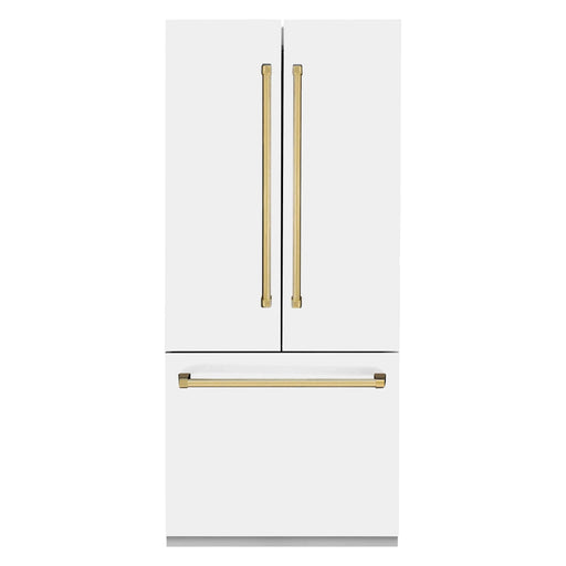 ZLINE 36 In. 19.6 cu. ft. Built-In French Door Refrigerator with Internal Water and Ice Dispenser in White Matte with Gold Accents, RBIVZ-WM-36-G