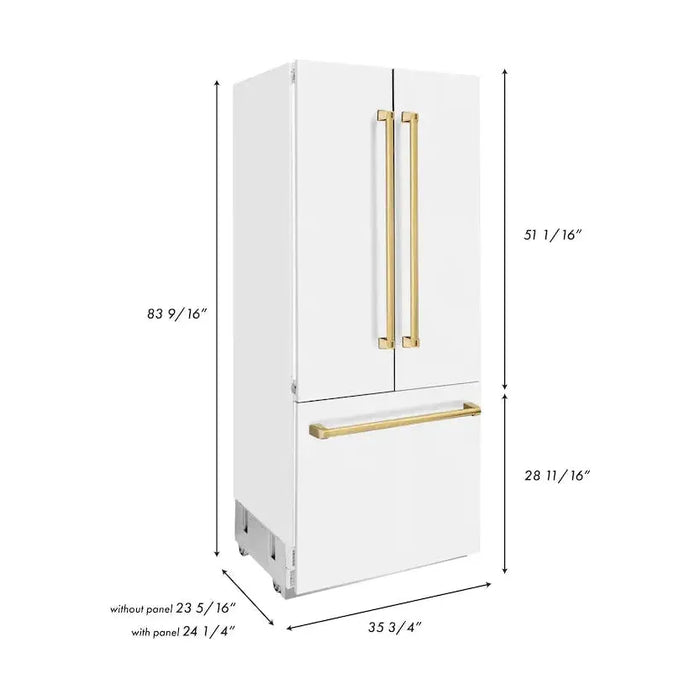 ZLINE 36 In. 19.6 cu. ft. Built-In French Door Refrigerator with Internal Water and Ice Dispenser in White Matte with Gold Accents, RBIVZ-WM-36-G