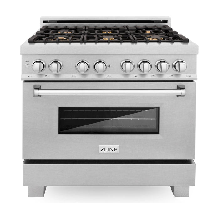 ZLINE 36 In. 4.6 cu. ft. Gas Burner, Electric Oven with Griddle and Brass Burners in DuraSnow® Stainless Steel, RAS-SN-BR-GR-36