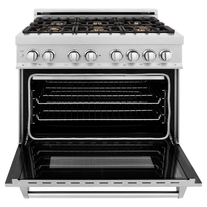 ZLINE 36 In. 4.6 cu. ft. Gas Burner, Electric Oven with Griddle and Brass Burners in DuraSnow® Stainless Steel, RAS-SN-BR-GR-36