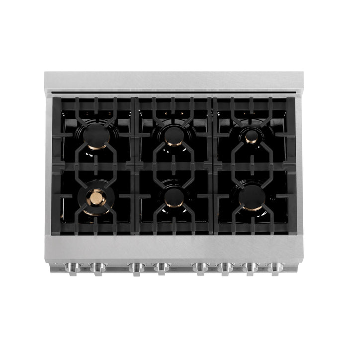 ZLINE 36 In. 4.6 cu. ft. Gas Burner, Electric Oven with Griddle and Brass Burners in DuraSnow® Stainless Steel, RAS-SN-BR-GR-36