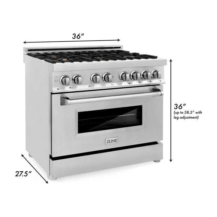 ZLINE 36 In. 4.6 cu. ft. Gas Burner, Electric Oven with Griddle and Brass Burners in Stainless Steel, RA-BR-GR-36