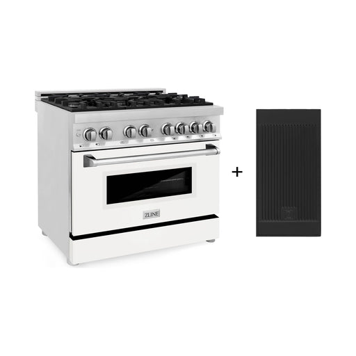 ZLINE 36 In. 4.6 cu. ft. Gas Burner, Electric Oven with Griddle and White Matte Door in Stainless Steel, RA-WM-GR-36