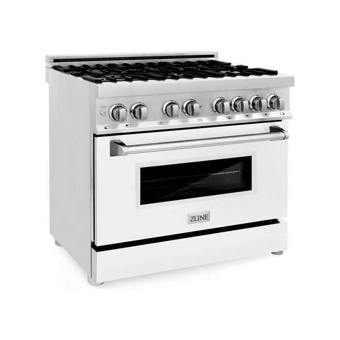 ZLINE 36 In. 4.6 cu. ft. Gas Burner, Electric Oven with Griddle and White Matte Door in Stainless Steel, RA-WM-GR-36