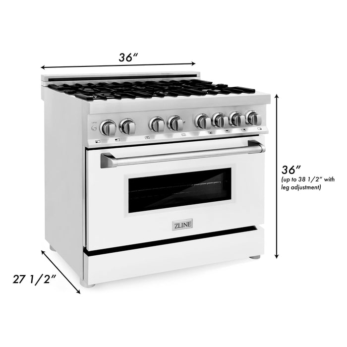 ZLINE 36 In. 4.6 cu. ft. Gas Burner, Electric Oven with Griddle and White Matte Door in Stainless Steel, RA-WM-GR-36