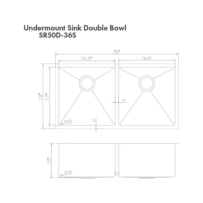 ZLINE 36 in. Anton Undermount Double Bowl DuraSnow Stainless Steel Kitchen Sink with Bottom Grid SR50D-36S