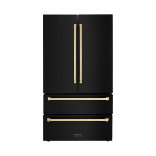 ZLINE 36 In. Autograph 22.5 cu. ft. Refrigerator with Ice Maker in Fingerprint Resistant Black Stainless Steel and Champagne Bronze Accents, RFMZ-36-BS-CB