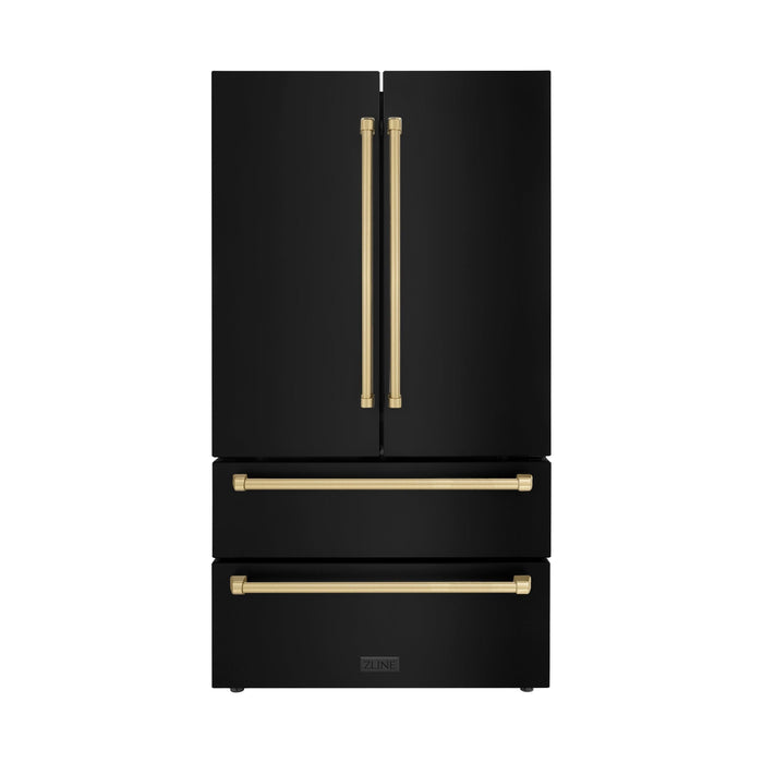 ZLINE 36 In. Autograph 22.5 cu. ft. Refrigerator with Ice Maker in Fingerprint Resistant Black Stainless Steel and Champagne Bronze Accents, RFMZ-36-BS-CB