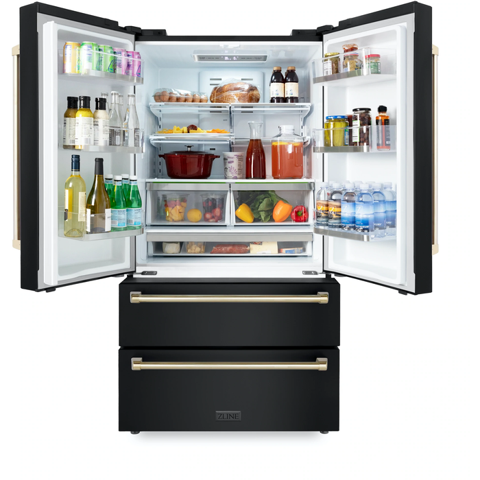 ZLINE 36 In. Autograph 22.5 cu. ft. Refrigerator with Ice Maker in Fingerprint Resistant Black Stainless Steel and Gold Accents, RFMZ-36-BS-G