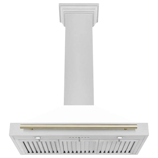 ZLINE 36 In Autograph Edition DuraSnow® Stainless Steel Range Hood with White Matte Shell and Gold Handle, KB4SNZ-WM36-G