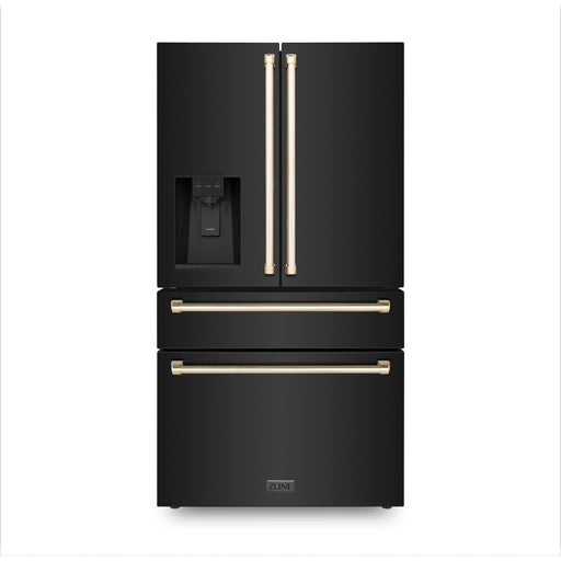 ZLINE 36 In. Autograph Refrigerator with Water and Ice Dispenser in Black with Gold Handles, RFMZ-W-36-BS-G