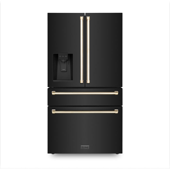 ZLINE 36 In. Autograph Refrigerator with Water and Ice Dispenser in Black with Gold Handles, RFMZ-W-36-BS-G