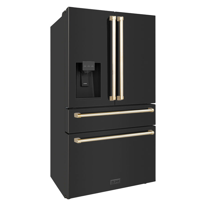 ZLINE 36 In. Autograph Refrigerator with Water and Ice Dispenser in Black with Gold Handles, RFMZ-W-36-BS-G