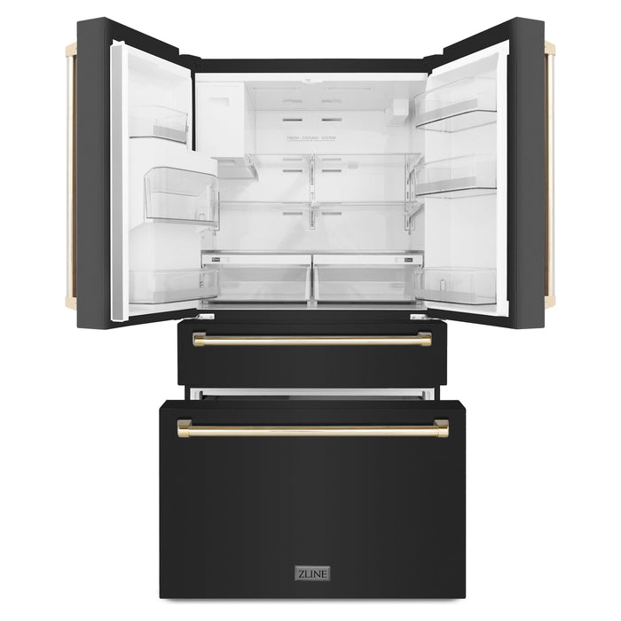 ZLINE 36 In. Autograph Refrigerator with Water and Ice Dispenser in Black with Gold Handles, RFMZ-W-36-BS-G