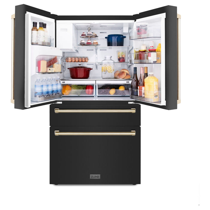 ZLINE 36 In. Autograph Refrigerator with Water and Ice Dispenser in Black with Gold Handles, RFMZ-W-36-BS-G