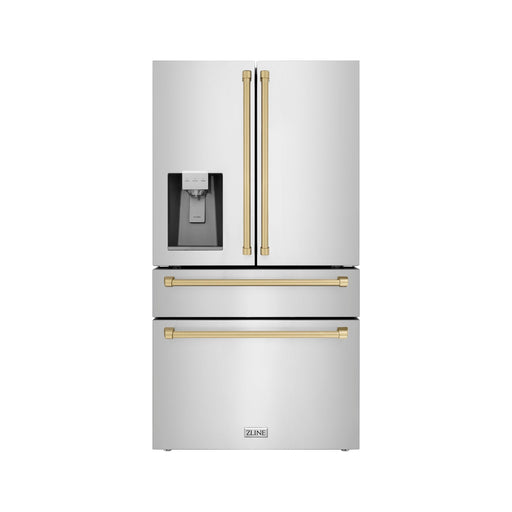 ZLINE 36 In. Autograph Refrigerator with Water and Ice Dispenser in Fingerprint Resistant Stainless Steel with Champagne Bronze Accents, RFMZ-W-36-CB