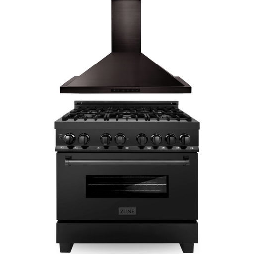 ZLINE 36 in. Black Stainless Steel Dual Fuel Range and 36 in. Range Hood Appliance Package