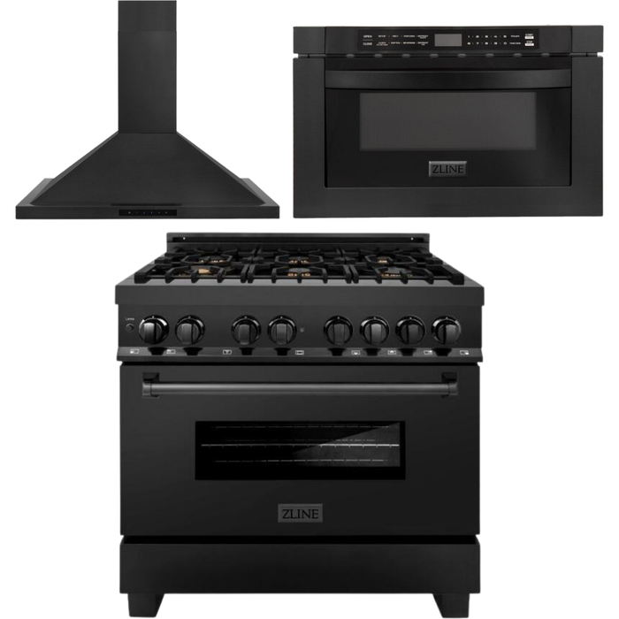 ZLINE 36 in. Black Stainless Steel Dual Fuel Range, Convertible Vent Range Hood and Microwave Drawer Kitchen Appliance Package 3KP-RABRH36-MW