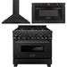 ZLINE 36 in. Black Stainless Steel Dual Fuel Range, Convertible Vent Range Hood and Microwave Drawer Kitchen Appliance Package 3KP-RABRH36-MW