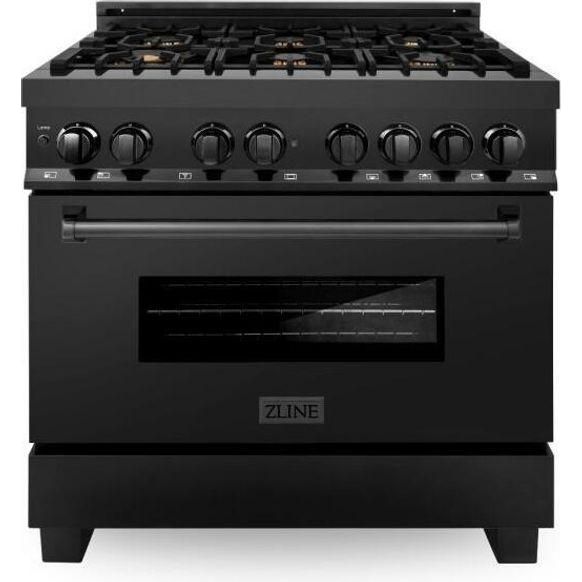 ZLINE 36 in. Black Stainless Steel Dual Fuel Range, Convertible Vent Range Hood and Microwave Drawer Kitchen Appliance Package 3KP-RABRH36-MW