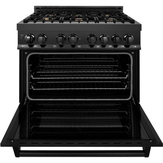 ZLINE 36 in. Black Stainless Steel Dual Fuel Range, Convertible Vent Range Hood and Microwave Drawer Kitchen Appliance Package 3KP-RABRH36-MW