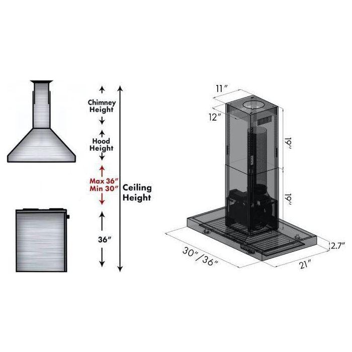 ZLINE 36 In. Convertible Island Mount Range Hood In Black Stainless Steel BSKE2iN-36