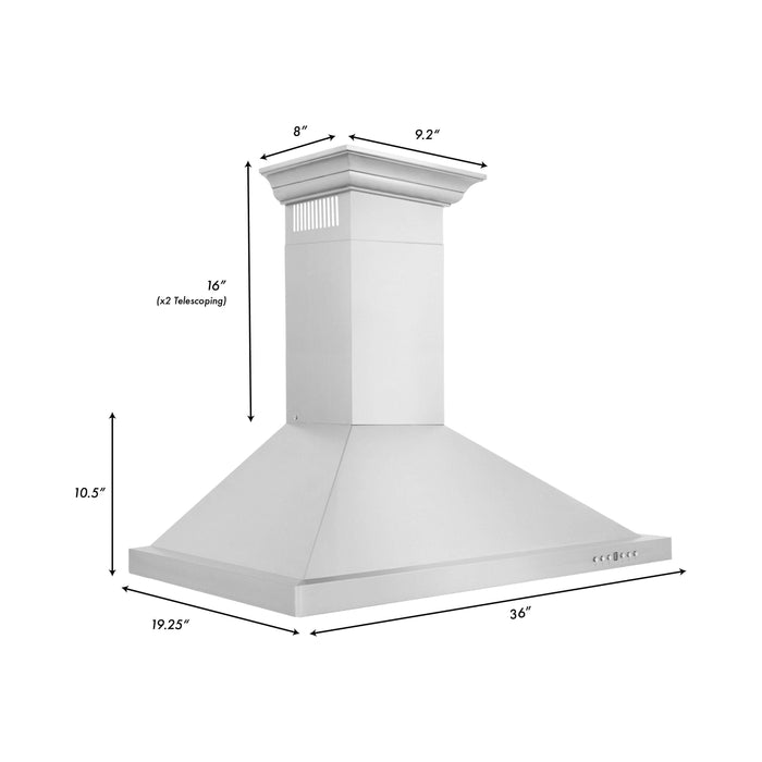 ZLINE 36 in. Convertible Vent Wall Mount Range Hood in Stainless Steel with Crown Molding, KBCRN-36